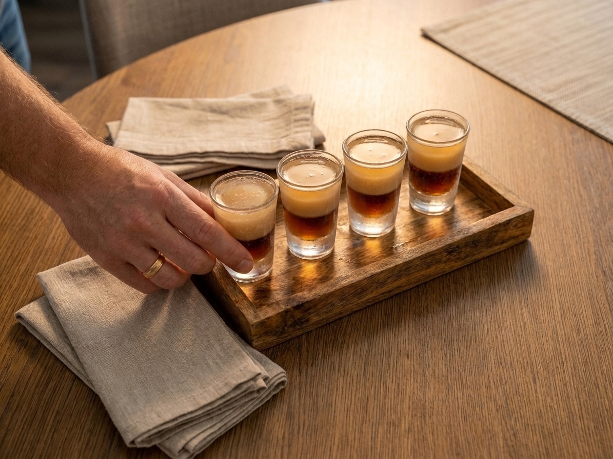 Four finished Vegas Bomb shots on a small tray on a dining table, with napkins and warm overhead lighting