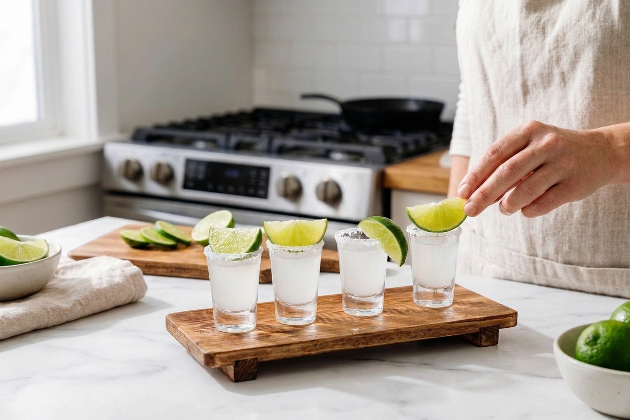 Four freshly poured Kamikaze shots on a small serving tray with lime wedges on a clean kitchen counter