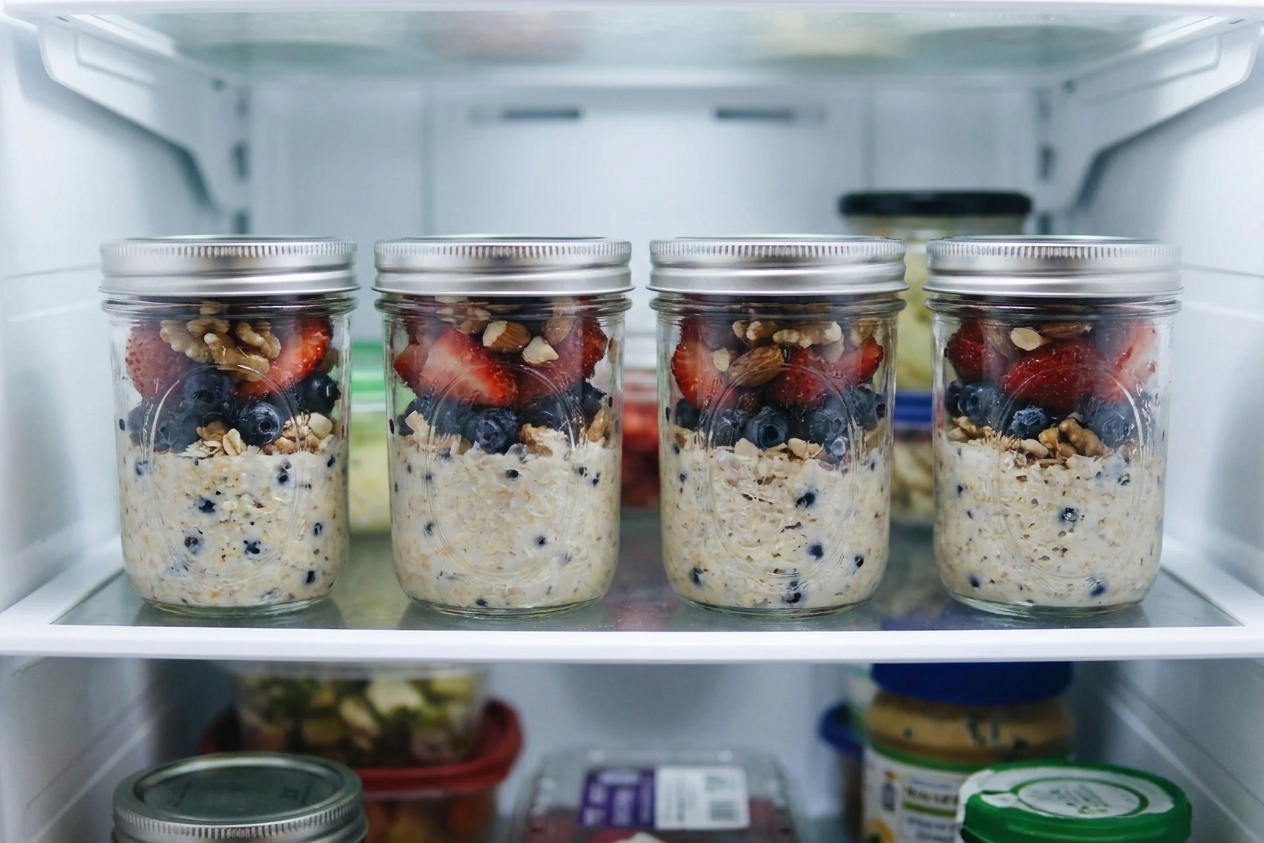 Four glass jars filled with overnight muesli lined up on a refrigerator shelf, each topped with berries and a few nuts