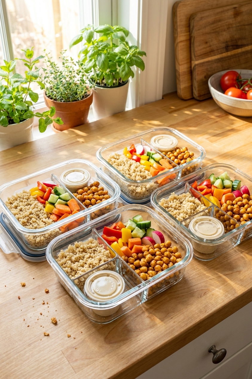 Four glass meal prep containers filled with quinoa, crunchy vegetables, roasted chickpeas, and small cups of tahini dressing arranged on a kitchen counter, bright natural light