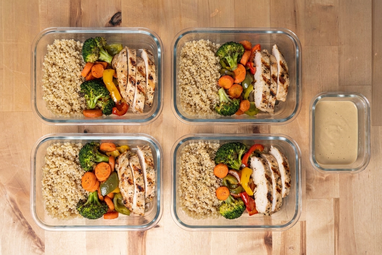 Four glass meal prep containers filled with quinoa, roasted vegetables, and sliced chicken, with a small container of tahini sauce on the side