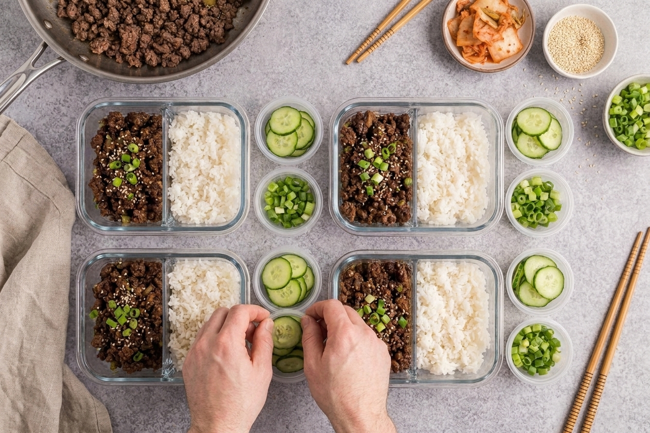 Four glass meal prep containers with Korean beef in one section, rice in another, and small separate containers of sliced cucumbers and green onions on a kitchen counter