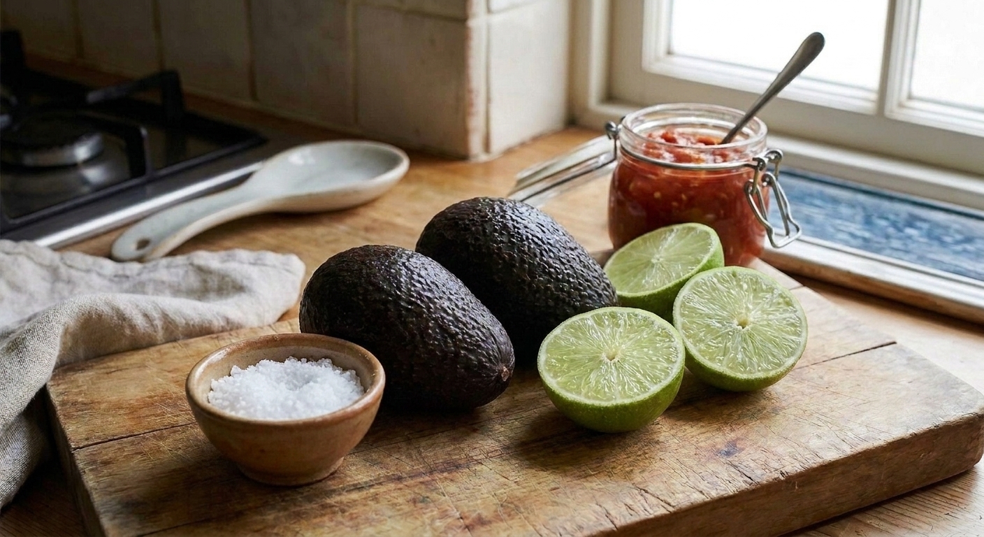 Four ingredient guacamole setup with whole avocados, halved limes, a small bowl of salt, and an open jar of chunky salsa on a tidy kitchen counter