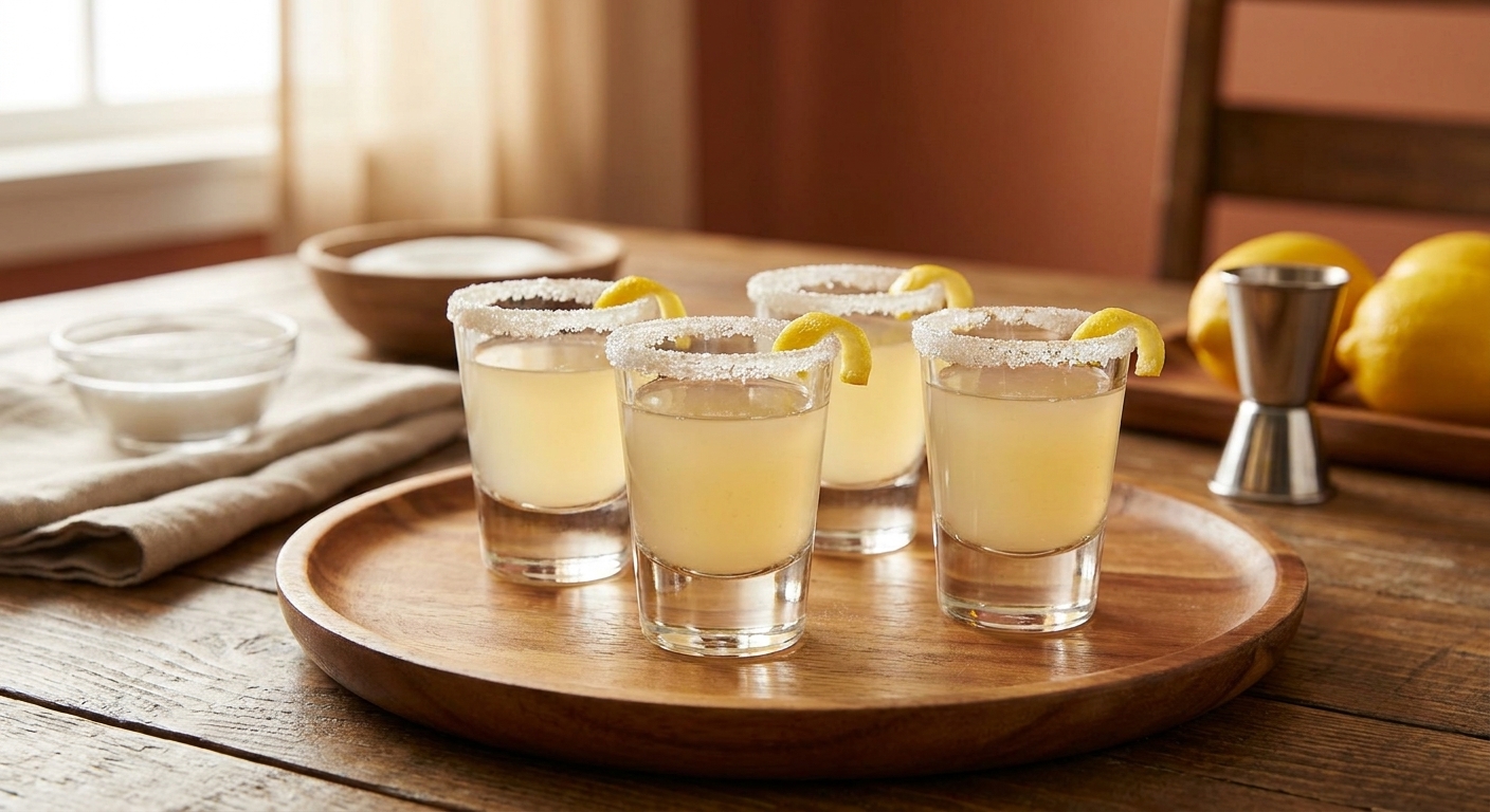 Four lemon drop shots with sugar rims arranged on a small serving tray on a dining table with soft, warm lighting