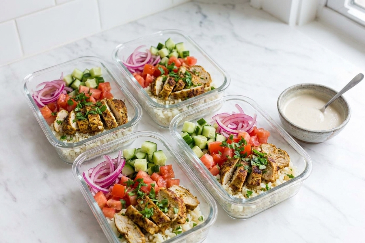 Four meal prep containers filled with cauliflower rice, sliced shawarma chicken, cucumbers, tomatoes, and pickled red onions, with tahini sauce in a small container on the side