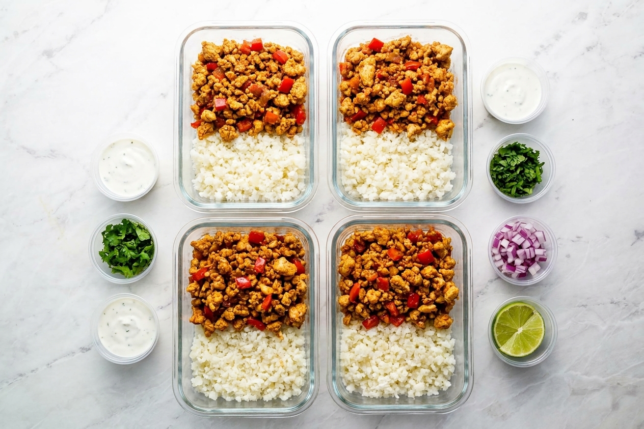 Four meal prep containers filled with cauliflower rice and taco chicken, with separate small cups of lime yogurt sauce and toppings on a kitchen counter