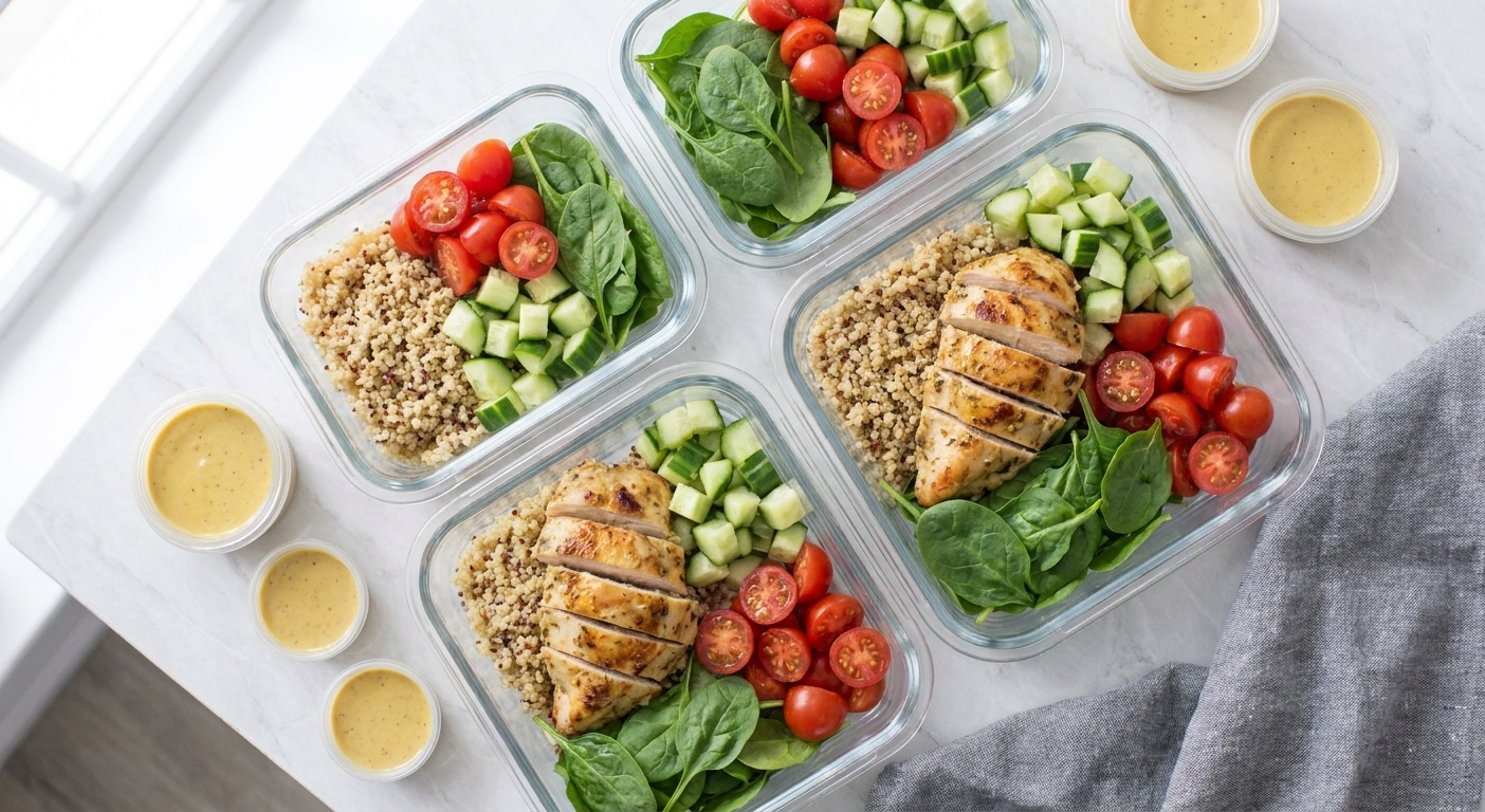 Four meal-prep containers filled with quinoa, sliced chicken, cucumbers, tomatoes, spinach, and sauce on the side