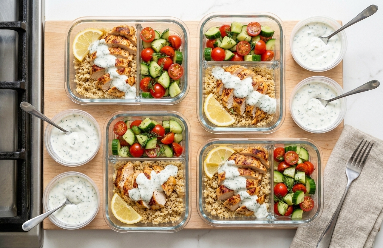 Four meal prep containers filled with quinoa, sliced lemon chicken, and cucumber tomato salad, with small sauce containers beside them on a kitchen counter