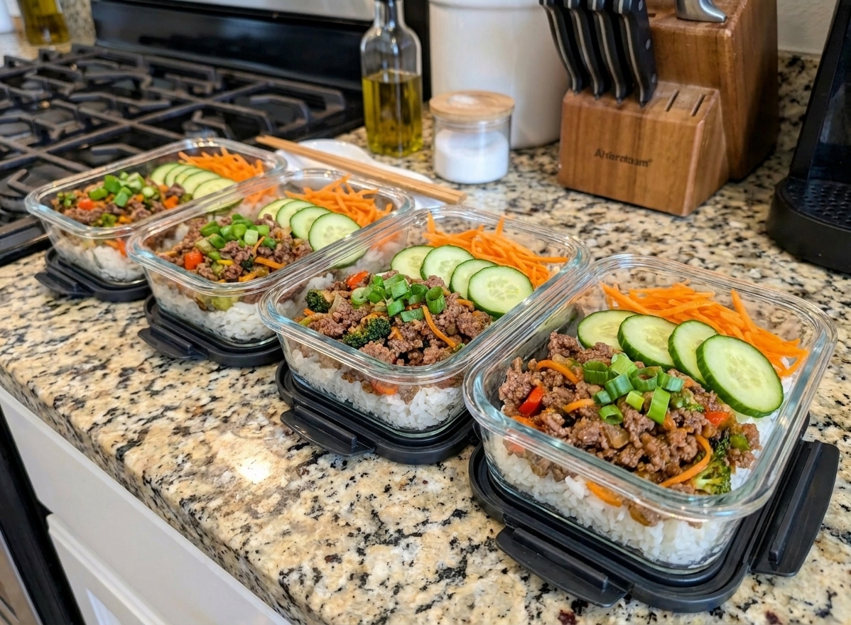 Four meal prep containers filled with rice, saucy ground beef, sliced cucumbers, shredded carrots, and green onions on a kitchen counter
