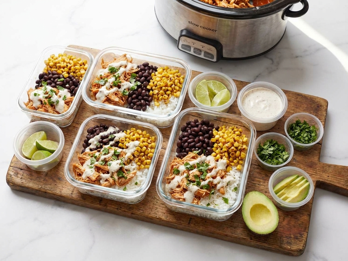 Four meal prep containers filled with rice, shredded taco chicken, black beans, and corn, with small containers of toppings on the side