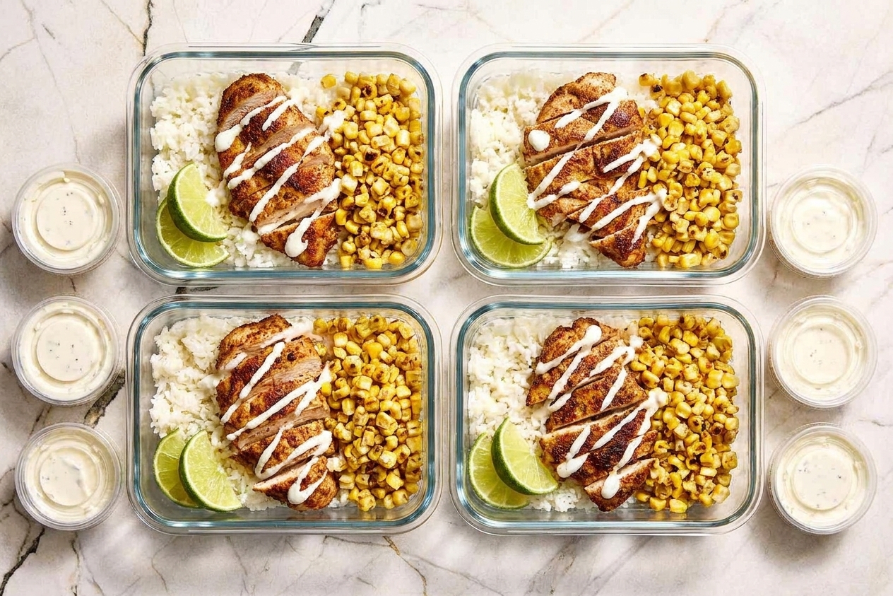 Four meal prep containers filled with rice, sliced chicken, and charred corn, with small containers of sauce and lime wedges beside them on a kitchen counter