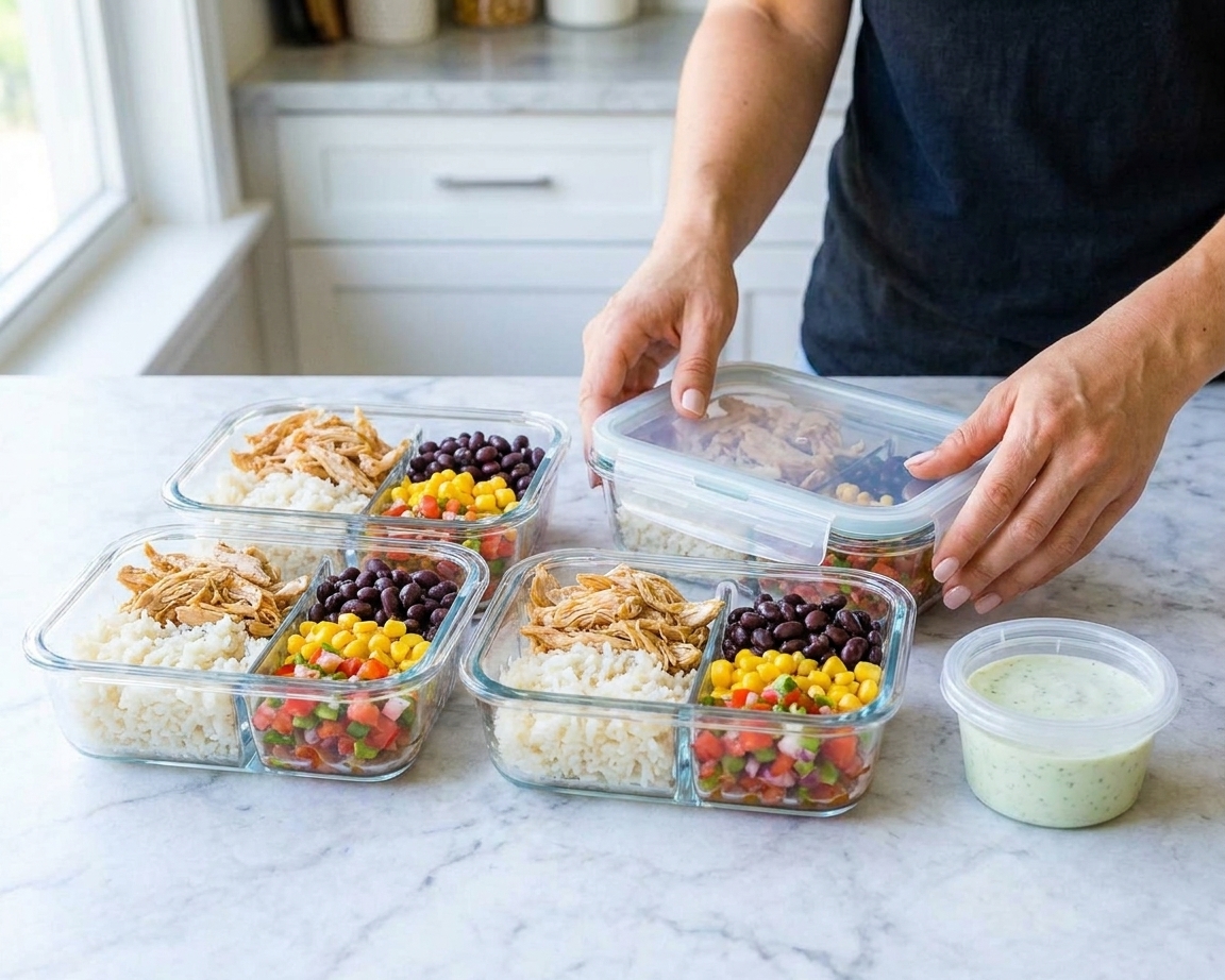Four meal prep containers filled with rice, sliced chicken, black beans, corn, and salsa, with sauce stored separately in small lidded cups