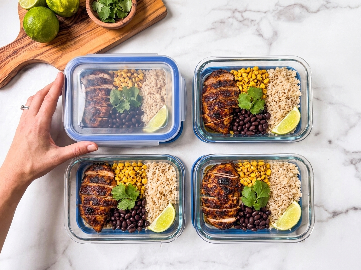 Four meal prep containers on a kitchen counter with rice, chicken, beans, and corn portioned for burrito bowls
