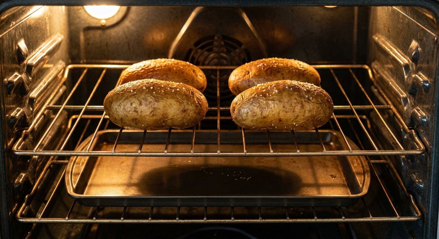 Four oiled and salted russet potatoes baking directly on an oven rack with a sheet pan on the rack below