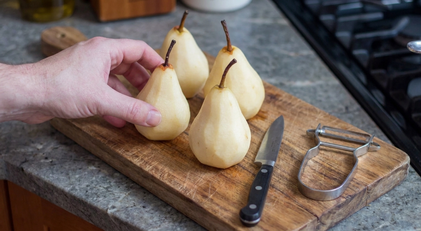Four peeled pears with stems intact on a wooden cutting board beside a paring knife and vegetable peeler on a stone countertop