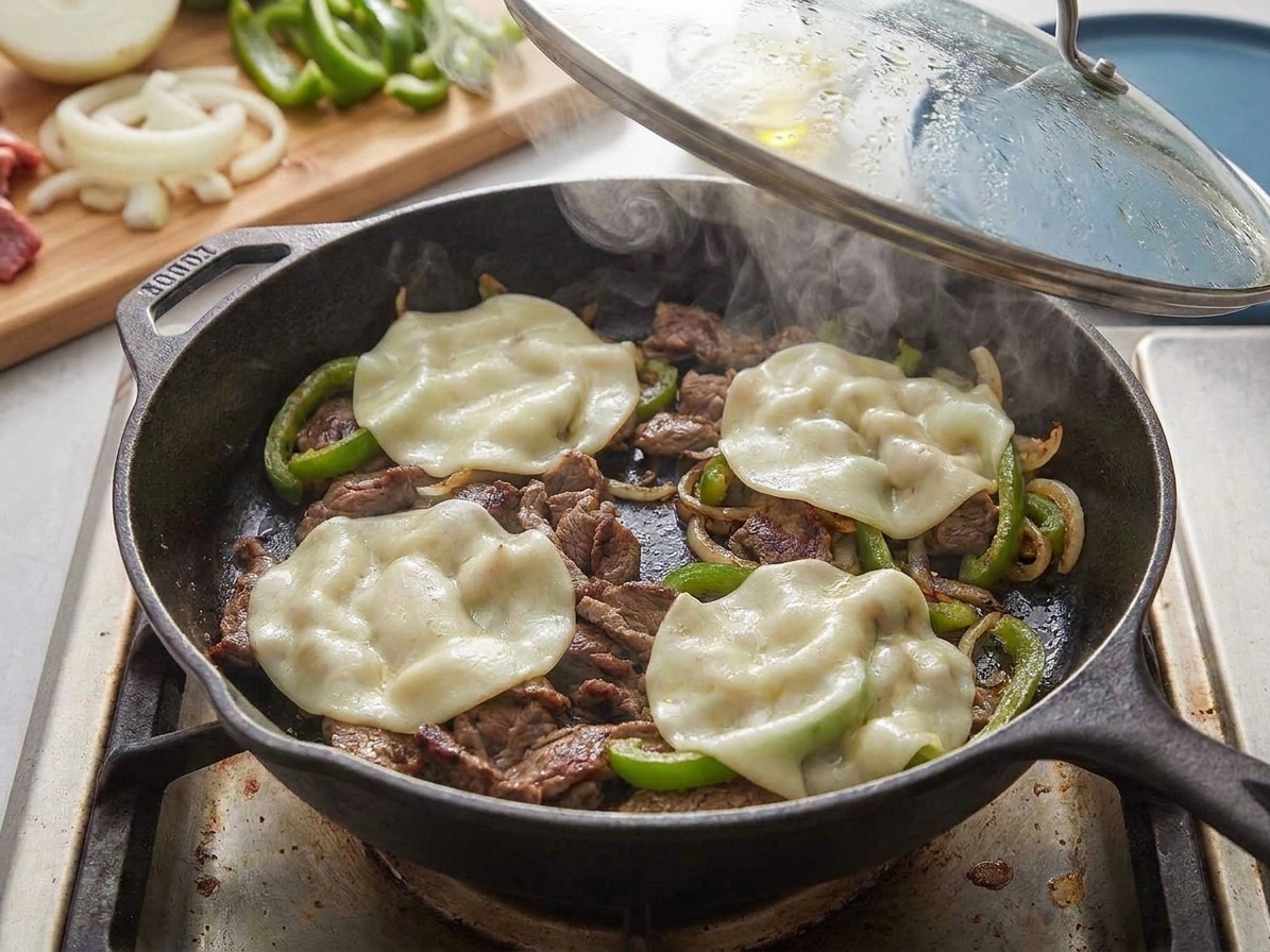 Four piles of cheesesteak meat in a skillet topped with provolone slices, melting under a lid with steam