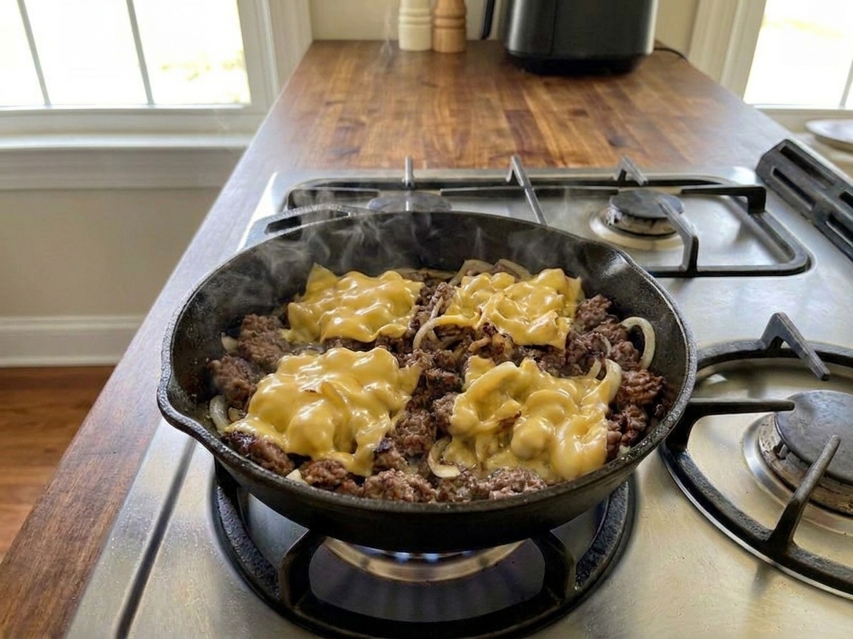 Four piles of chopped beef and onions in a skillet topped with melted American cheese