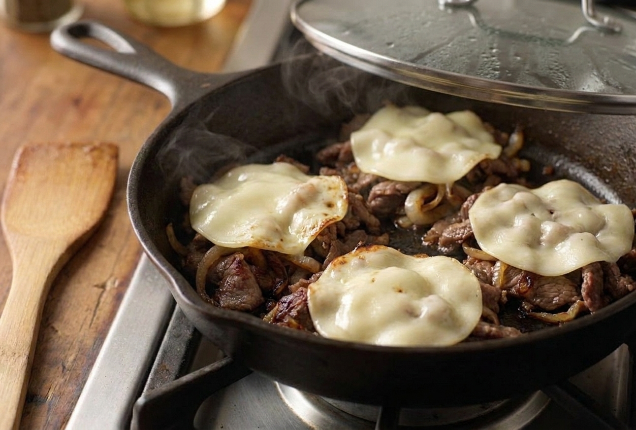 Four piles of shaved beef and onions in a skillet topped with provolone slices melting under a lid