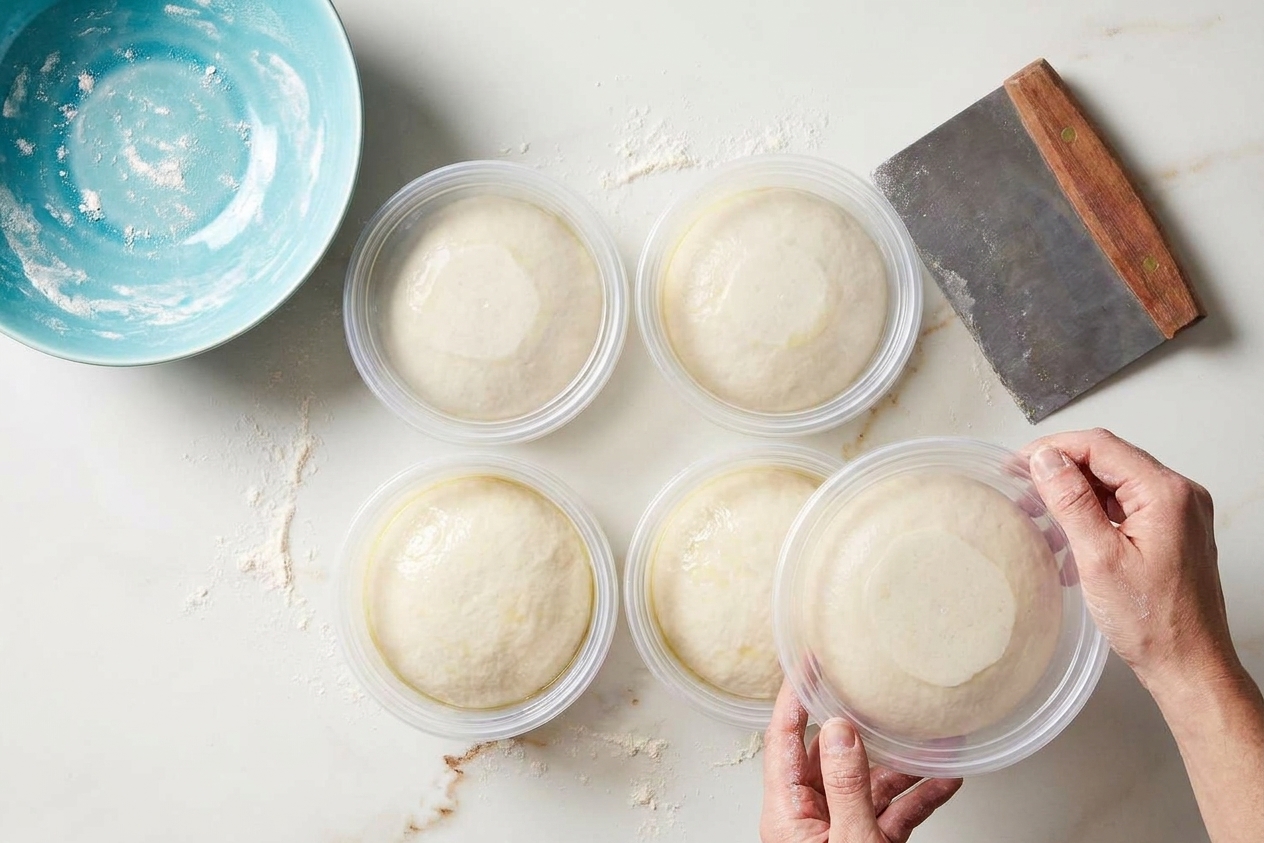 Four pizza dough balls resting in lightly oiled round containers with lids on a kitchen counter