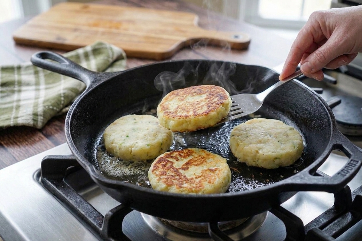 Four potato cakes frying in a skillet while a spatula lifts one edge to check browning