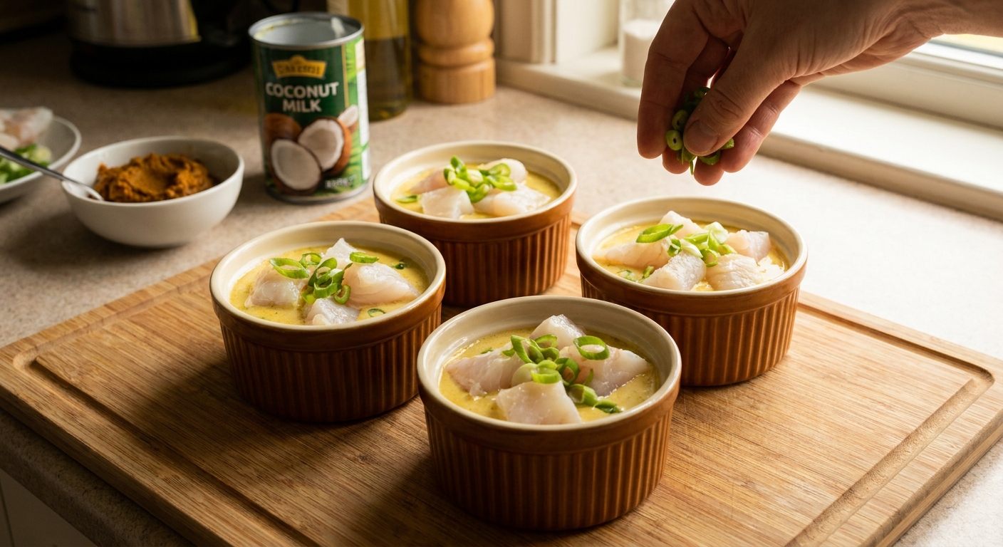 Four ramekins filled with fish pieces and coconut curry custard, topped with sliced scallions, sitting on a cutting board ready to be steamed
