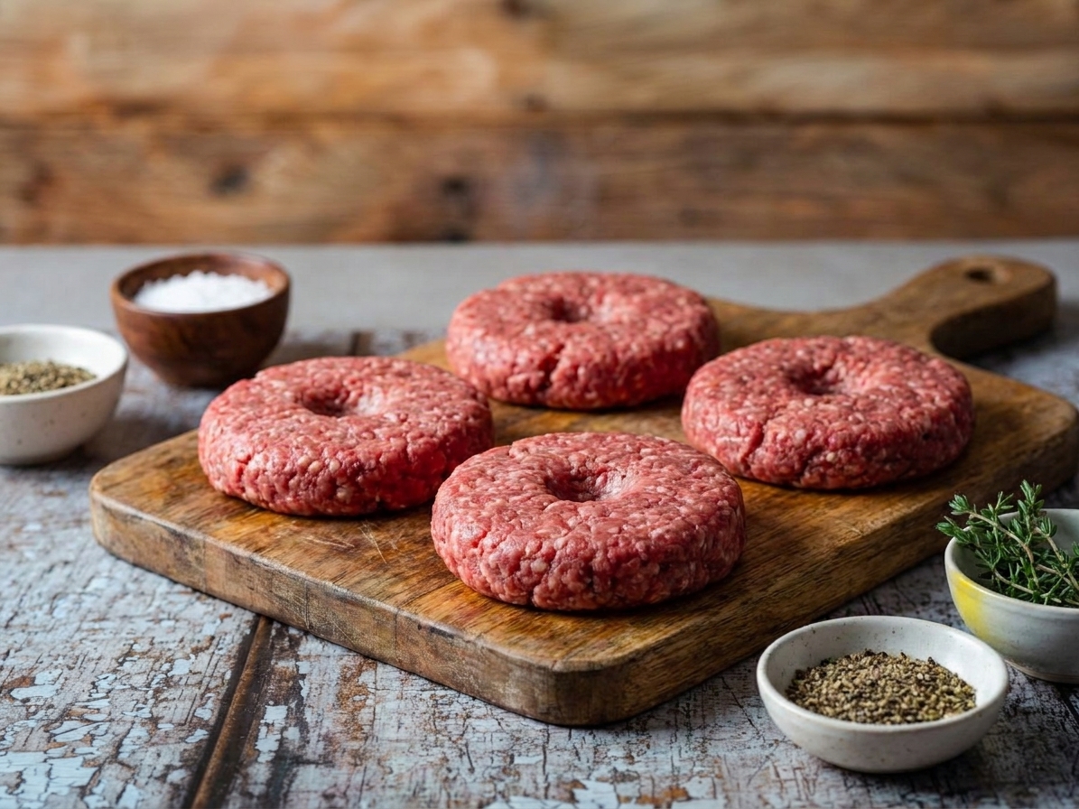 Four raw burger patties on a cutting board with a thumb dimple in the center of each, ready to cook