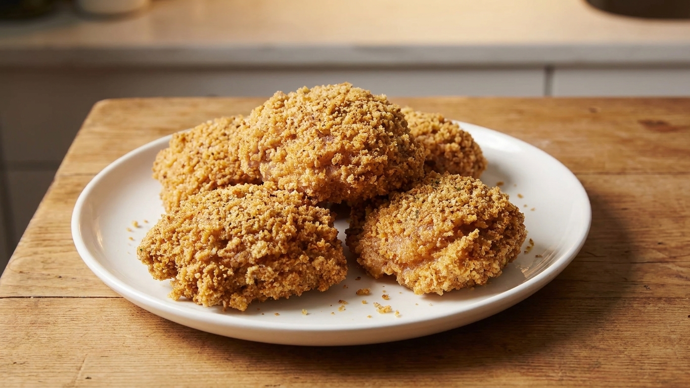 Four raw chicken cutlets fully coated in seasoned breadcrumbs resting on a plate on a kitchen counter