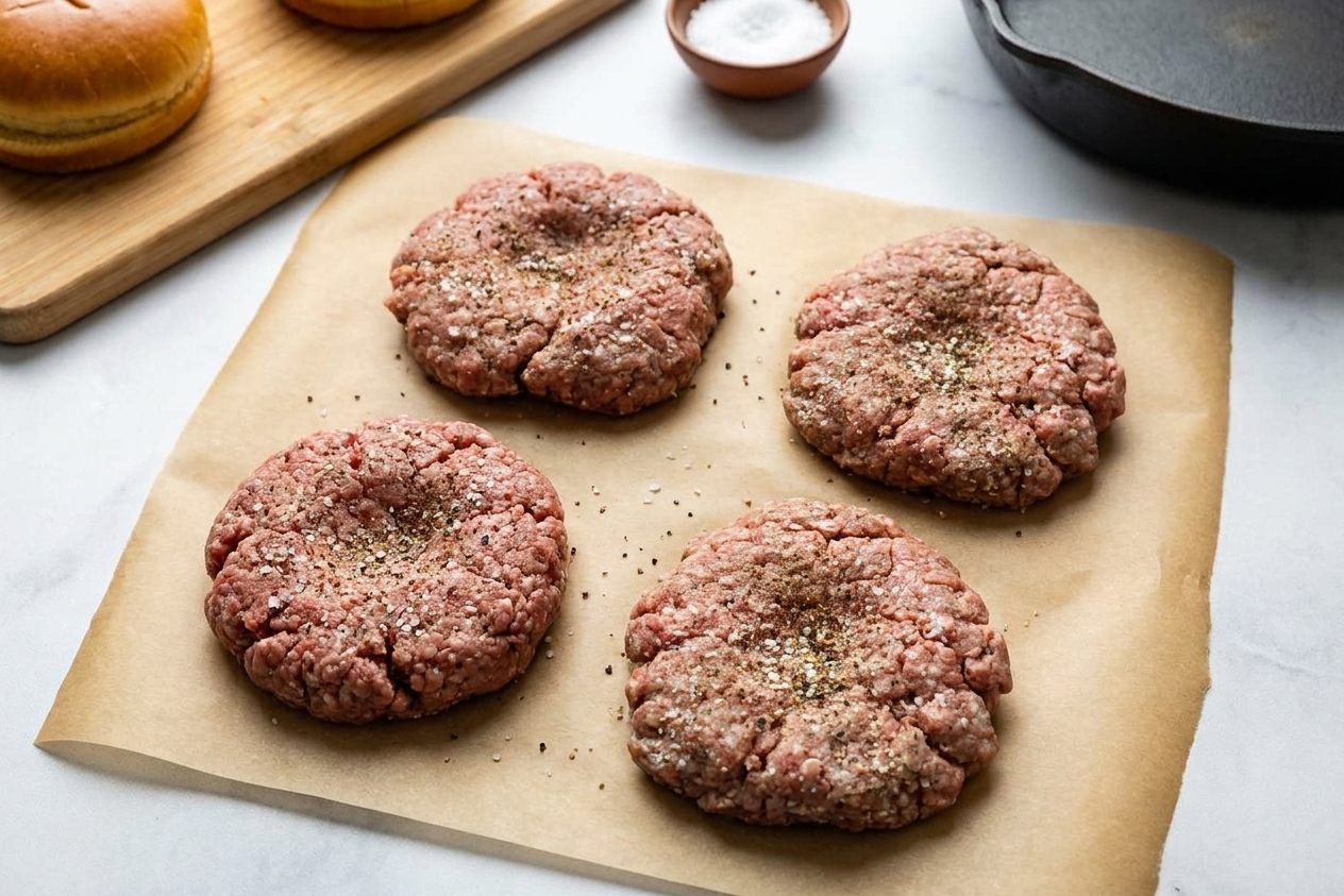 Four raw hamburger patties on parchment paper, each with a small center dimple and visible salt and pepper, on a kitchen counter