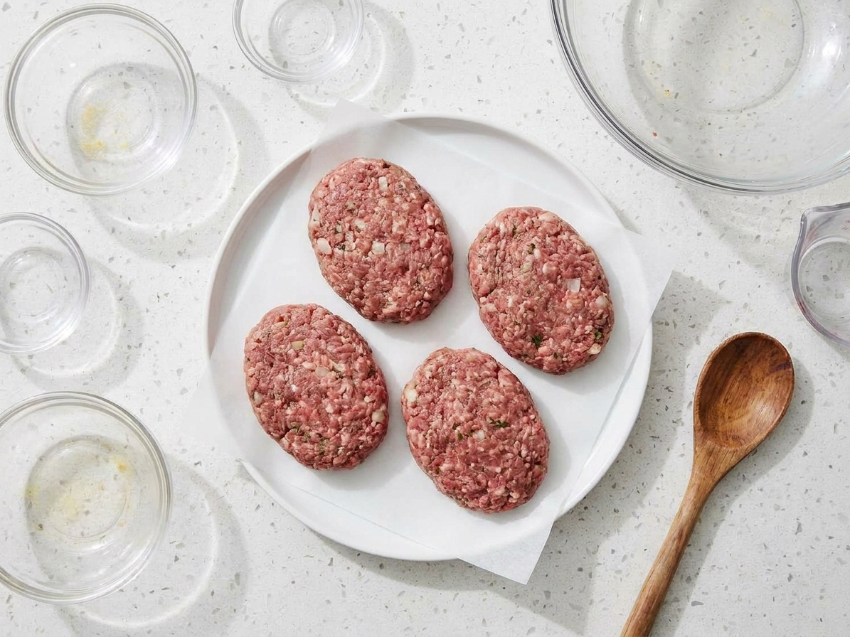 Four raw oval beef patties shaped on a parchment-lined plate on a kitchen counter