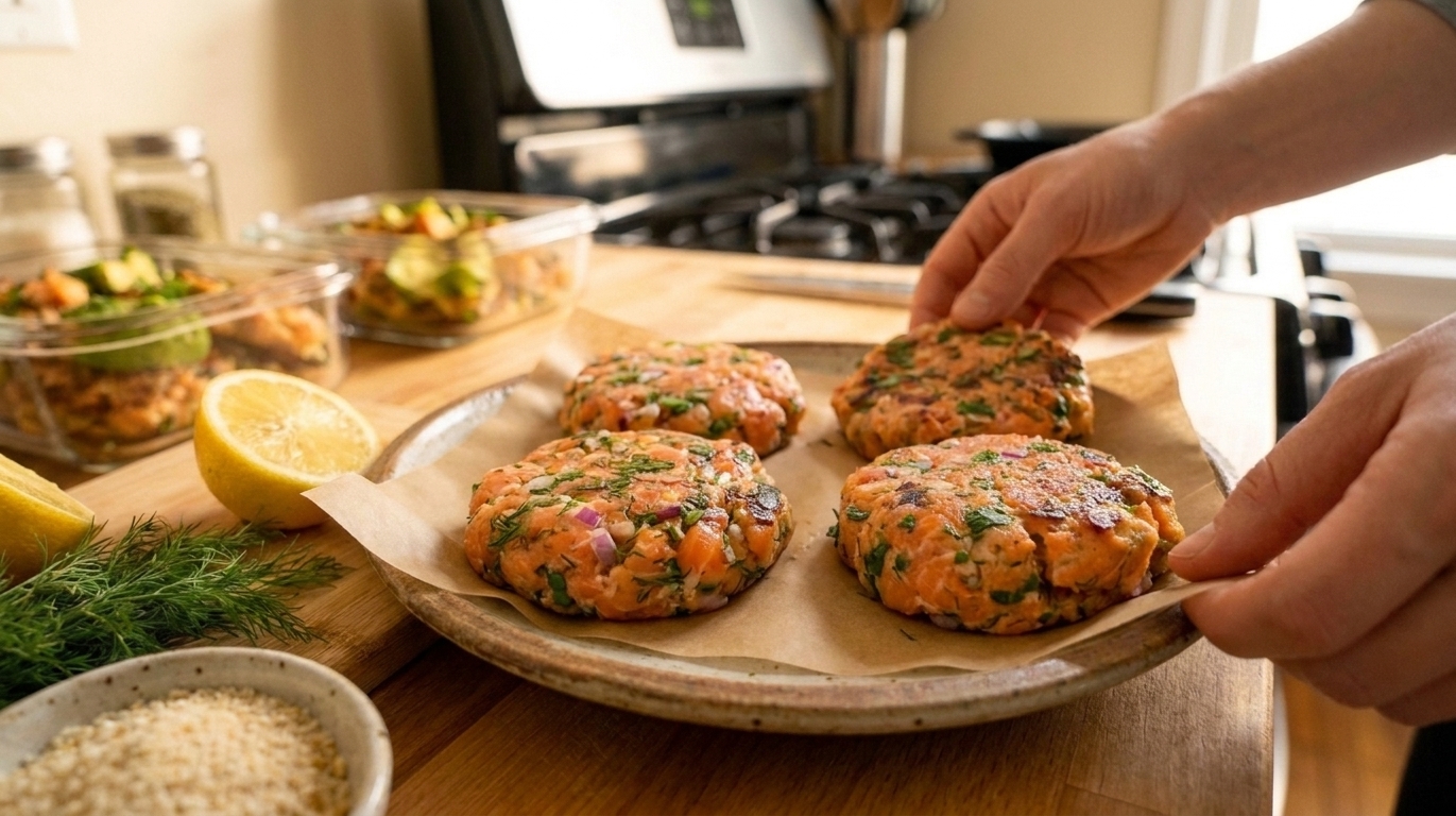 Four raw salmon burger patties shaped on a parchment-lined plate, ready to cook, on a kitchen counter with consistent lighting