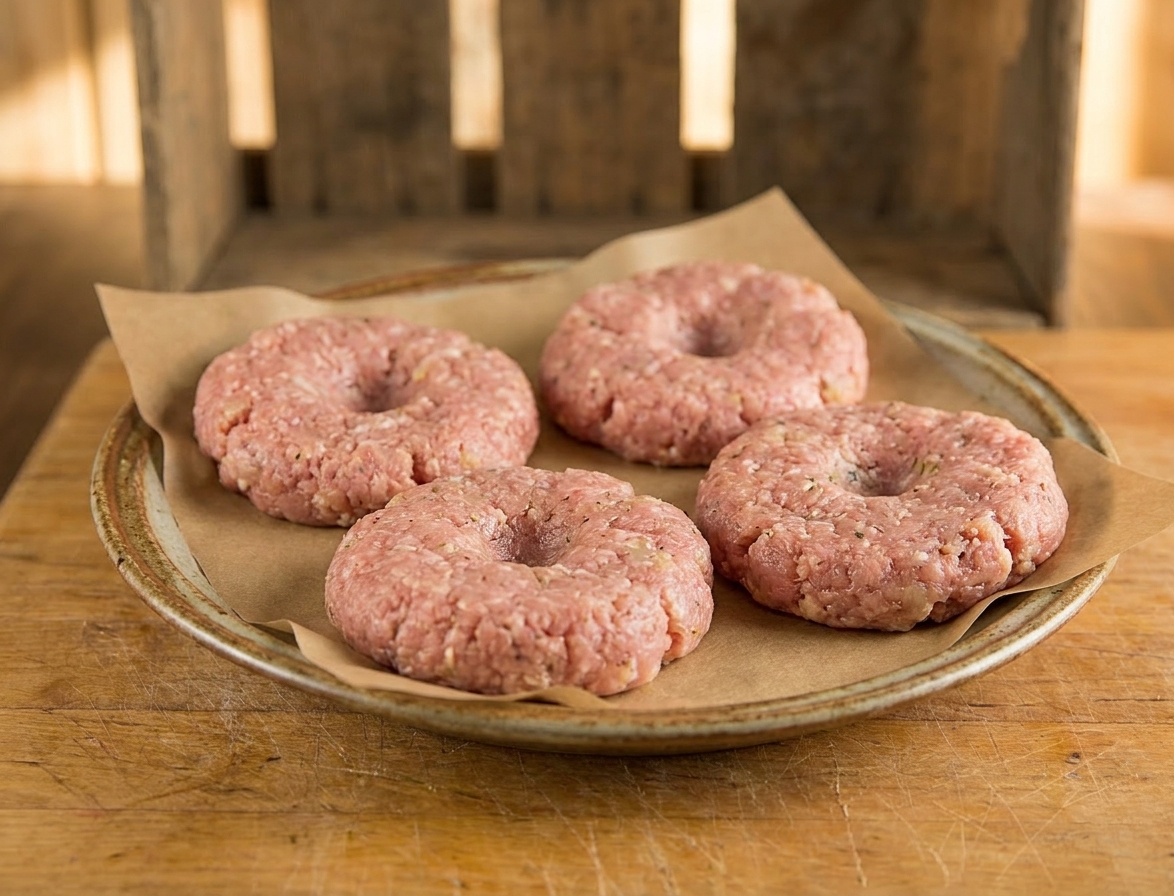 Four raw turkey burger patties on a parchment-lined plate with thumb dimples, ready to cook
