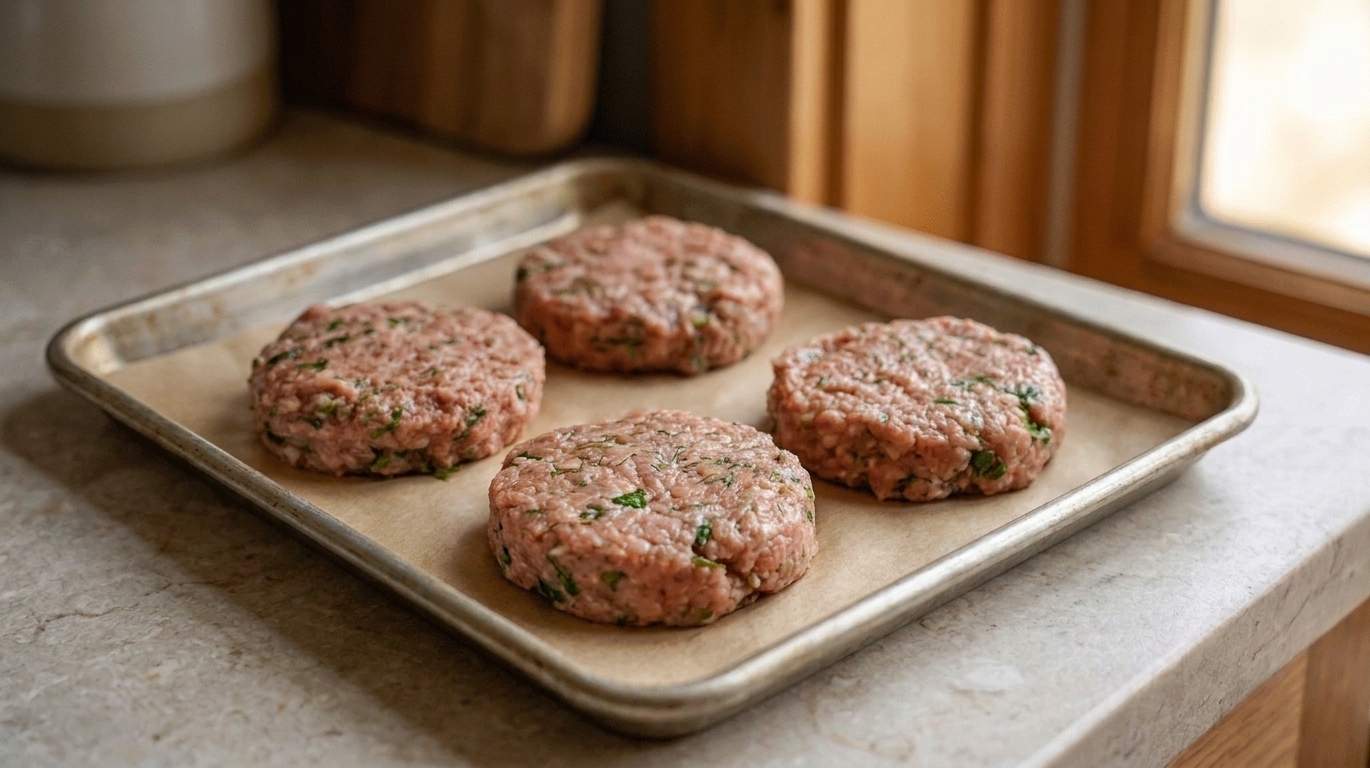 Four raw turkey burger patties shaped on a parchment-lined tray