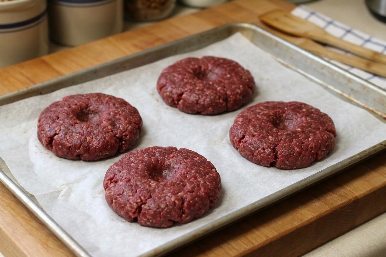 Four raw venison burger patties shaped with thumb dimples, resting on parchment paper on a sheet pan