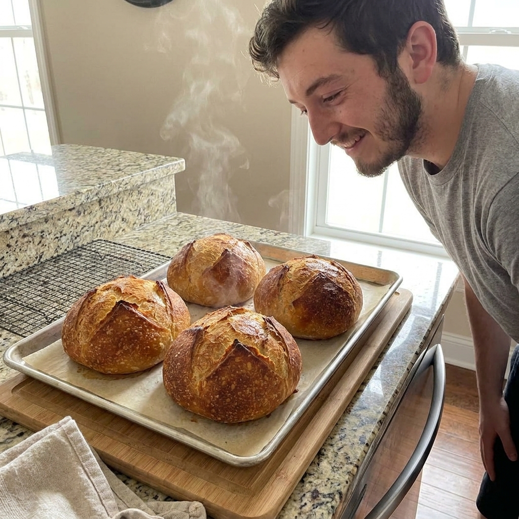 Four round bread bowls on a parchment-lined baking sheet, deeply golden with crisp crusts, just out of the oven on a kitchen counter