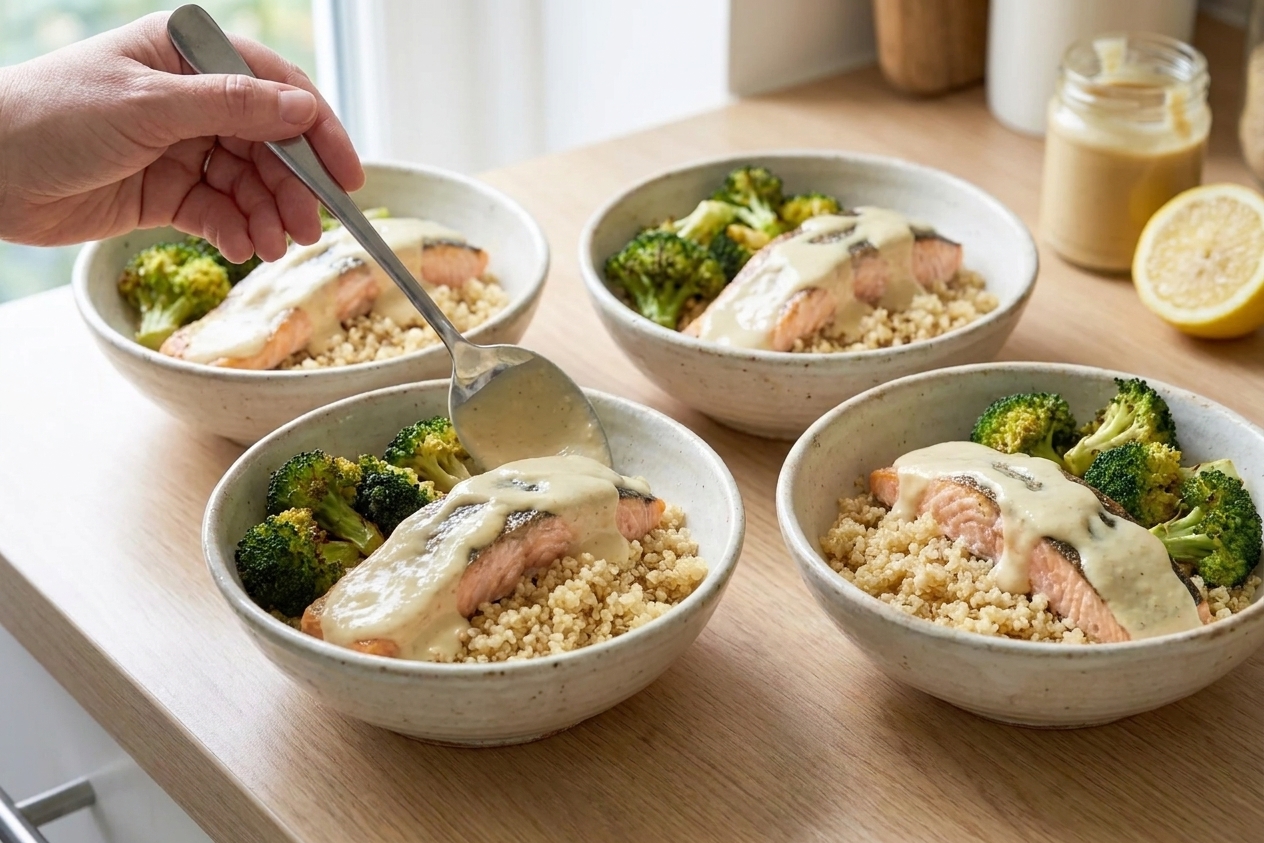Four salmon quinoa bowls arranged on a wooden table with lemon tahini sauce drizzled on top and a serving spoon nearby