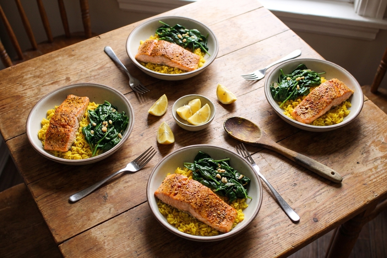 Four salmon rice bowls assembled on a wooden table with simple plates, forks, and lemon wedges in warm natural light