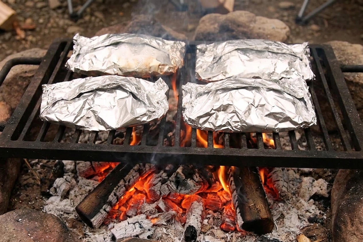Four sealed foil packets cooking on a metal campfire grate above glowing coals on a campsite