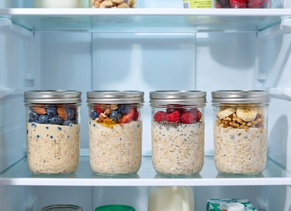 Four sealed jars of overnight oats lined up in a refrigerator with different fruit toppings visible through the glass