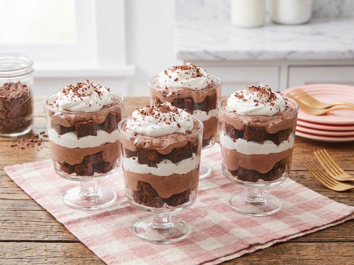 Four small glass cups filled with layered chocolate trifle on a wooden table, topped with whipped cream and chocolate shavings