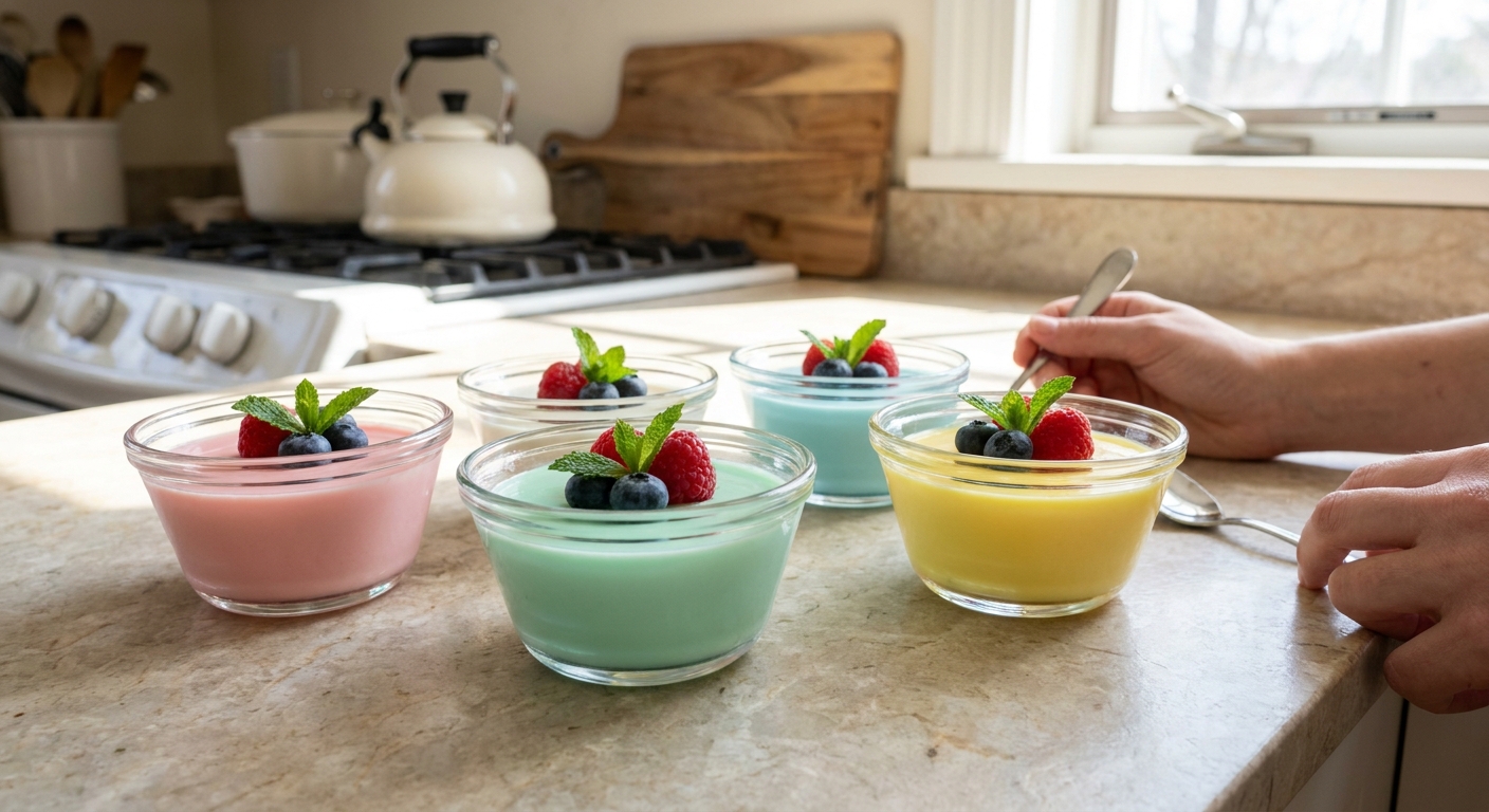 Four small glass cups of pastel sugar-free Jello protein dessert topped with a few fresh berries on a bright kitchen counter