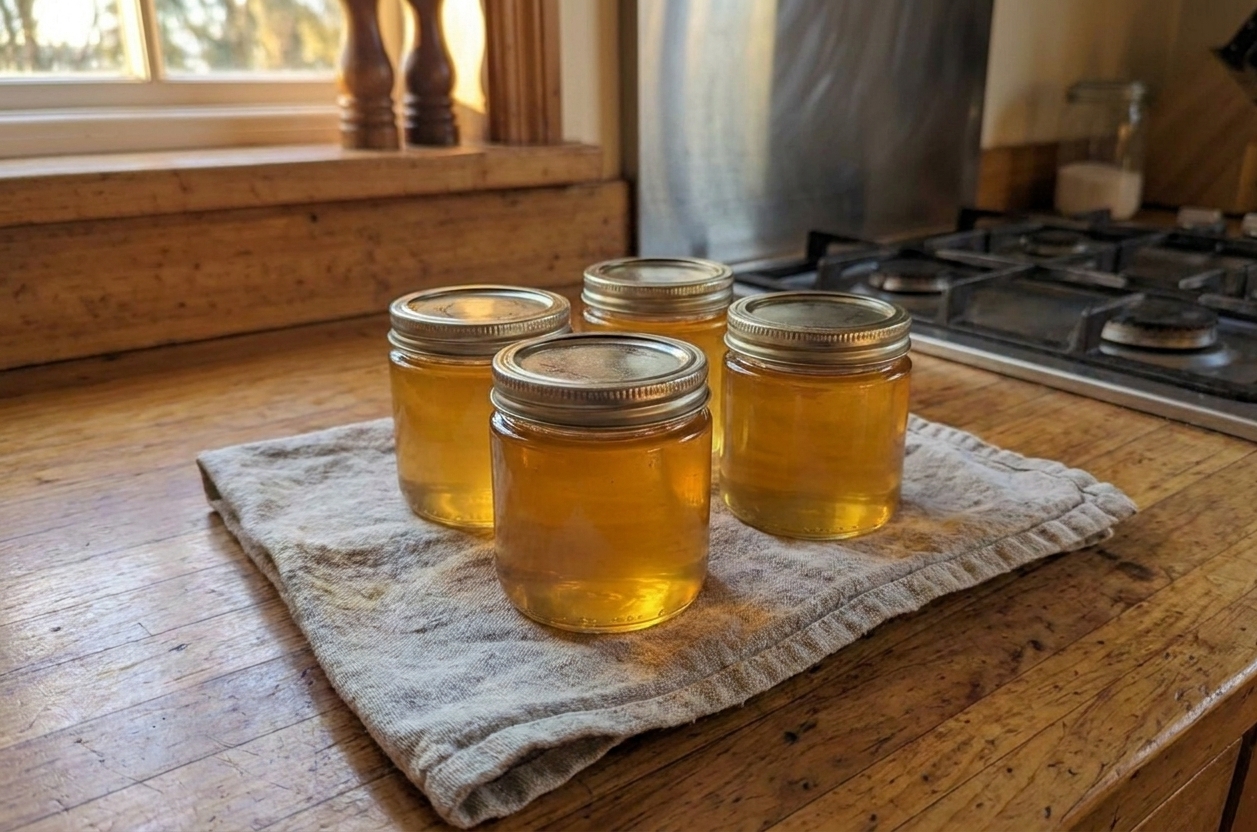 Four small jars of golden apple jelly cooling on a kitchen towel on the counter, lids on, warm evening light