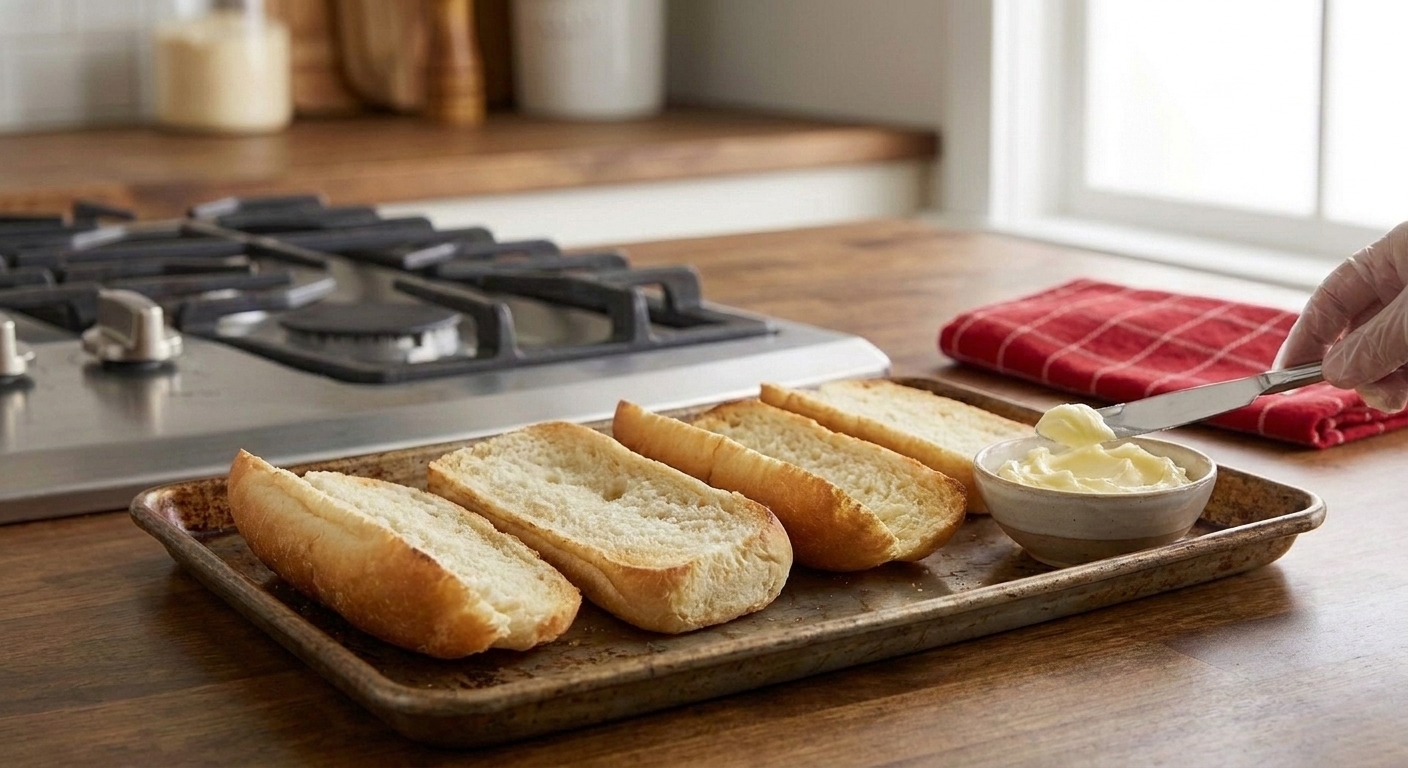 Four split sub rolls lined up on a baking sheet with softened butter ready to be spread before toasting in a home kitchen