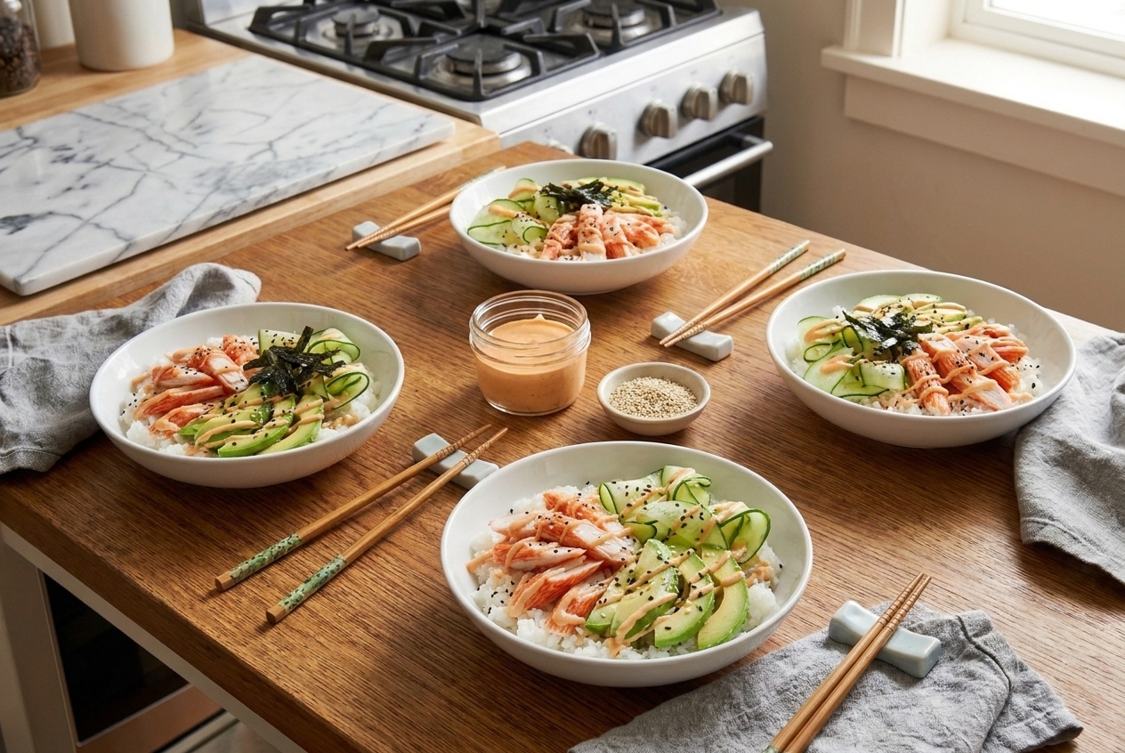 Four sushi bowls on a kitchen table with rice, spicy imitation crab, cucumber, avocado, nori, and sesame seeds ready to serve