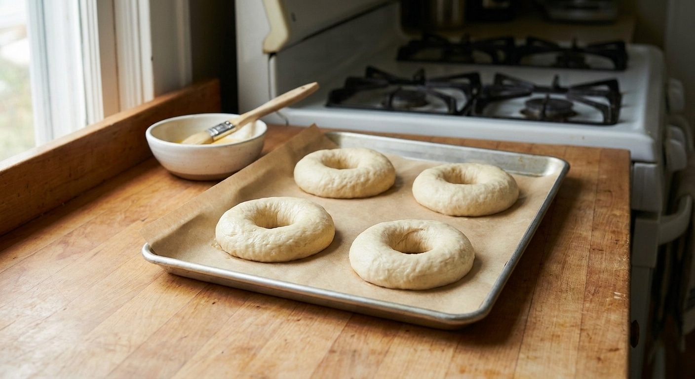 Four unbaked bagel rings on parchment paper on a baking sheet, ready for egg wash