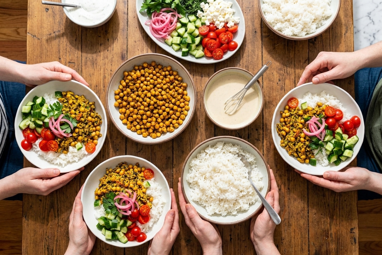 Four vegetarian chickpea shawarma bowls on a dinner table with rice, crunchy vegetables, herbs, and lemon tahini sauce served family-style