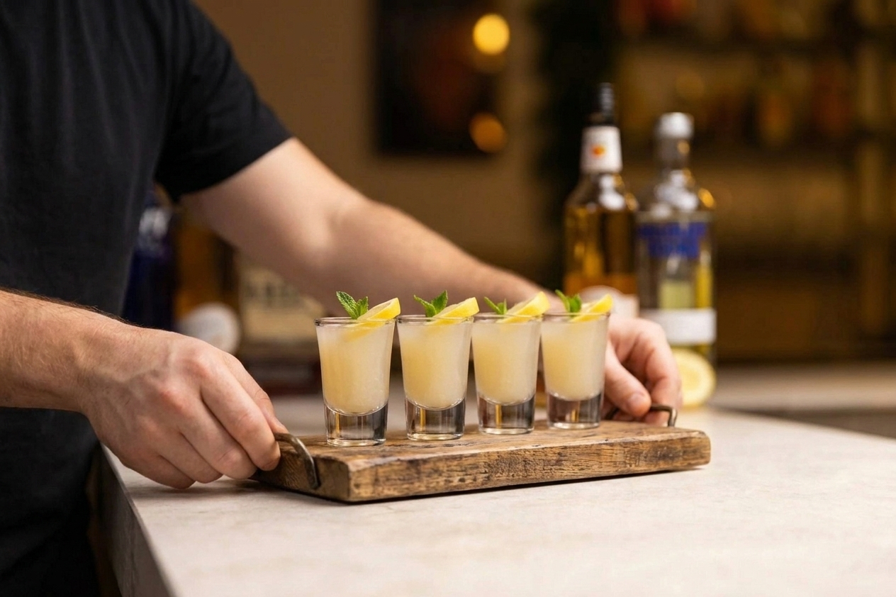 Four white tea shots arranged on a small wooden tray on a dining table.