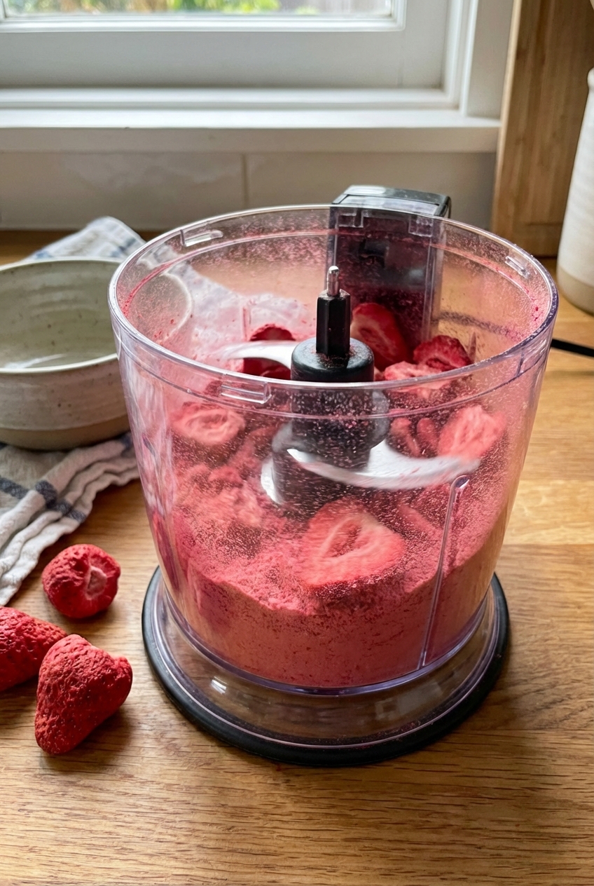 Freeze-dried strawberries being blended into a fine pink powder in a small food processor