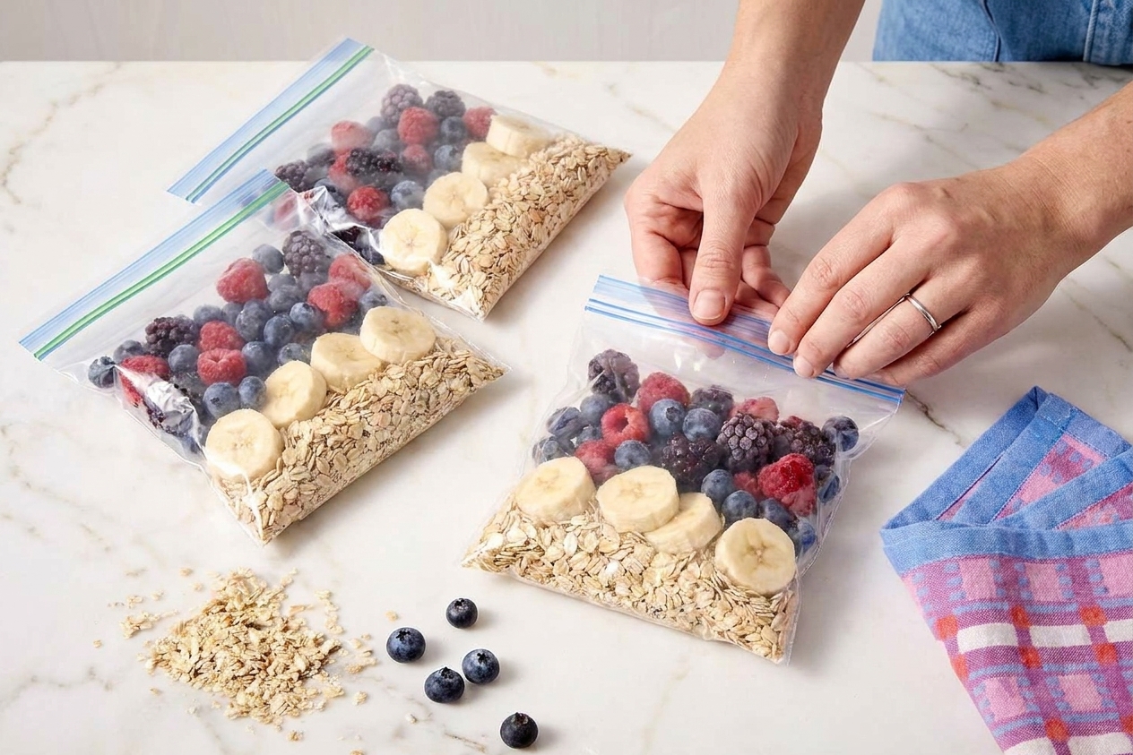 Freezer bags filled with frozen berries, banana slices, and oats laid flat on a kitchen counter ready for meal prep