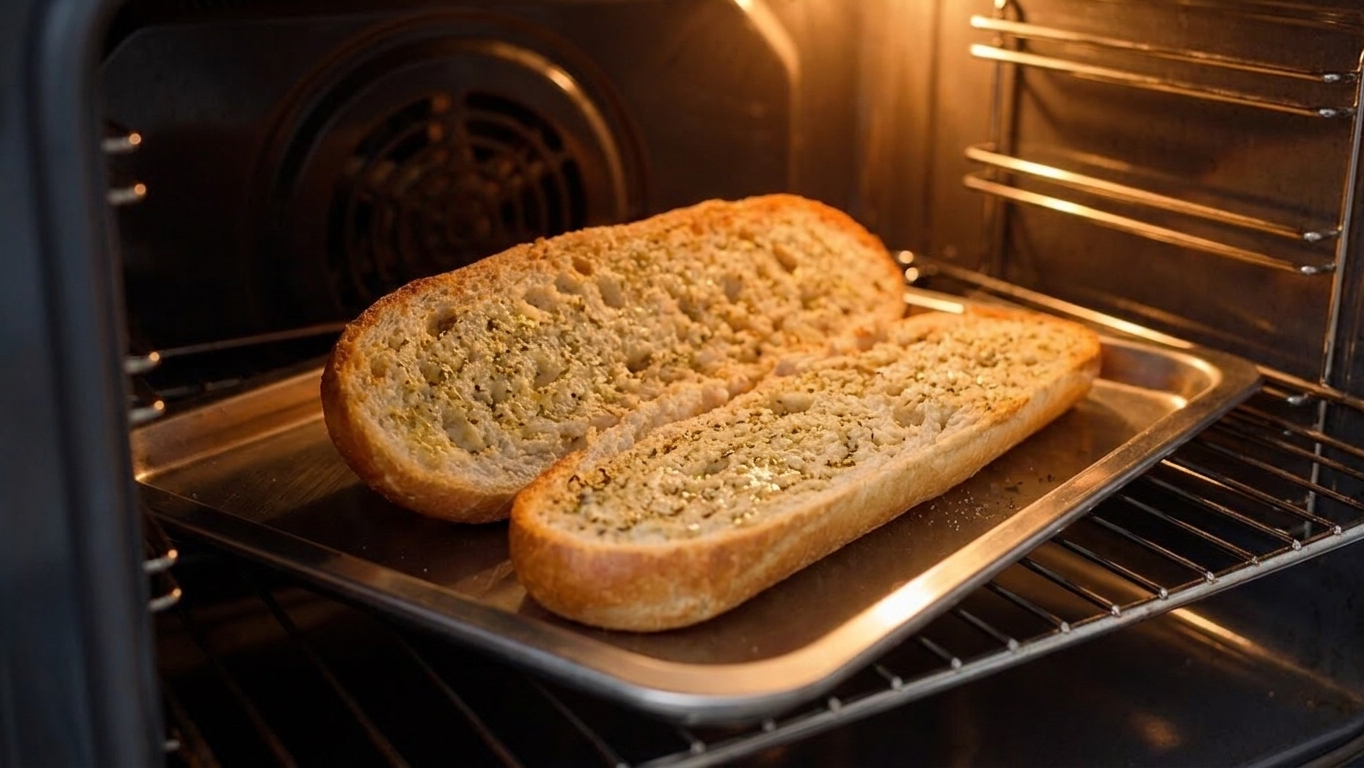 French bread halves toasting on a baking sheet inside an oven, edges beginning to turn golden