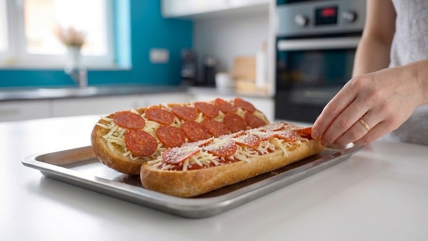 French bread halves topped with shredded mozzarella, Parmesan, and pepperoni before baking on a sheet pan